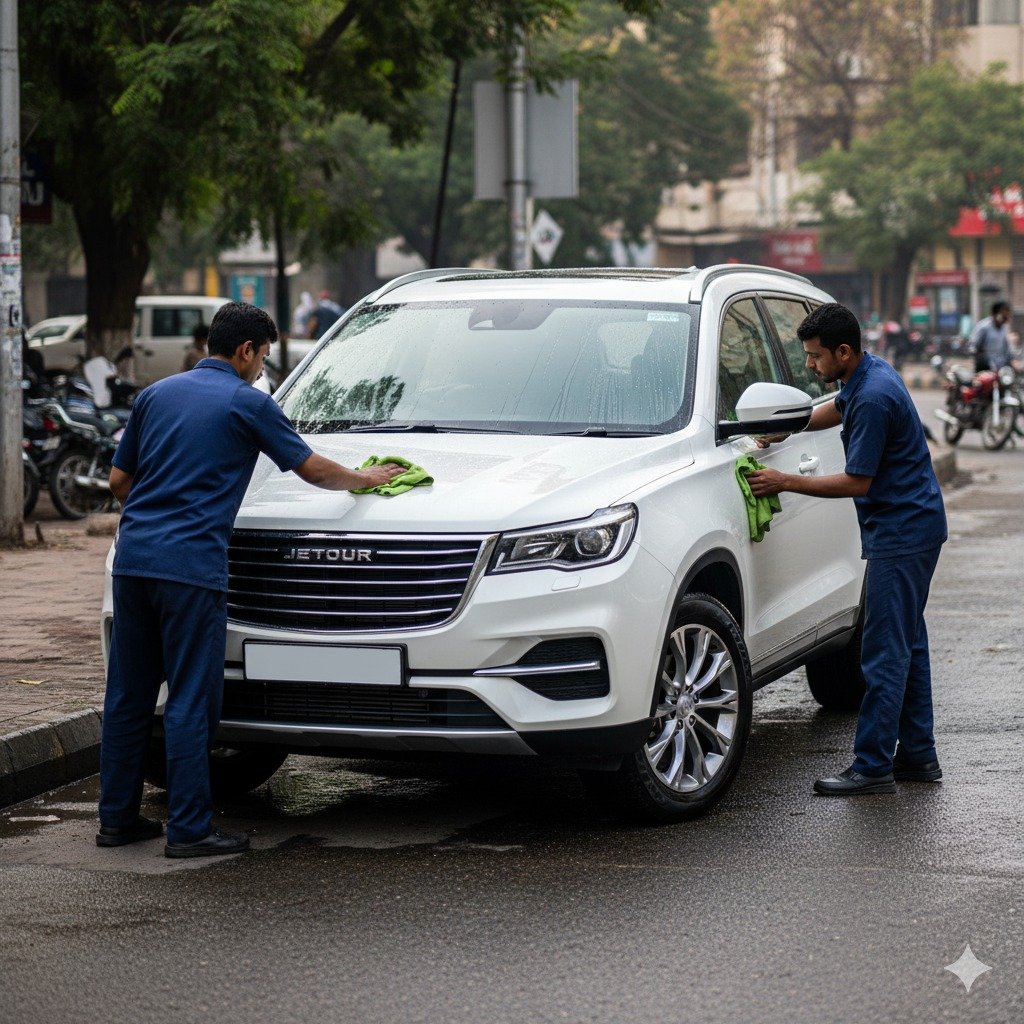 Jetour X90 SUV car cleaning and detailing service in Karachi with technicians polishing exterior and cleaning panels for a spotless finish.