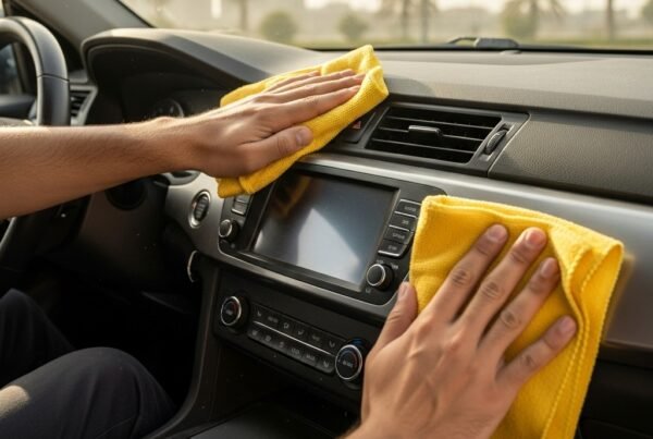 Person cleaning car dashboard and console with microfiber cloth in Karachi, sunlight shining through windshield, interior looking spotless and polished, showing professional car detailing and dashboard maintenance