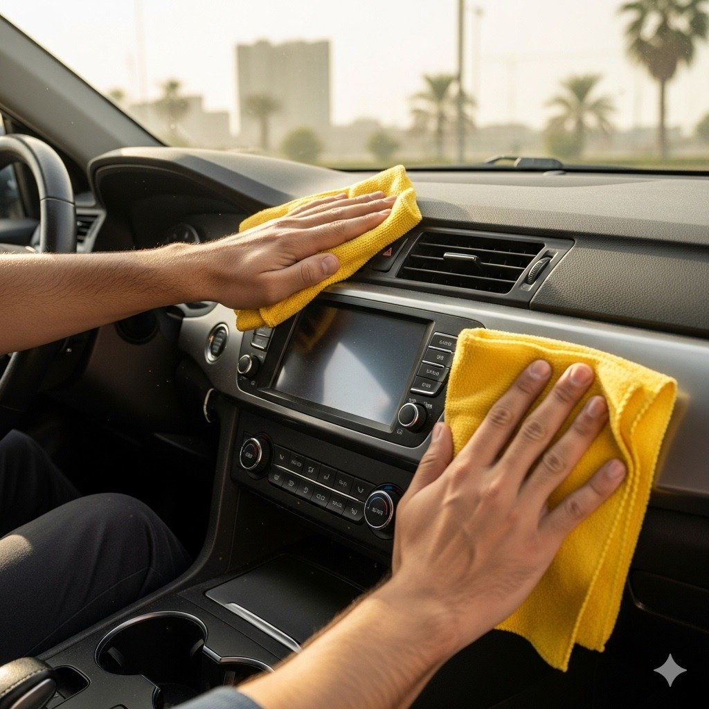 Person cleaning car dashboard and console with microfiber cloth in Karachi, sunlight shining through windshield, interior looking spotless and polished, showing professional car detailing and dashboard maintenance