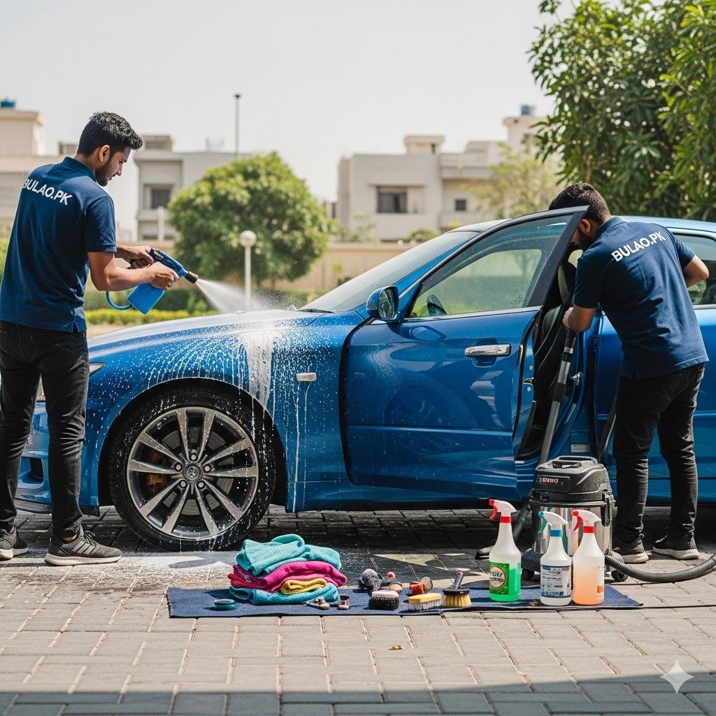 Blue Nissan Skyline sports sedan being professionally detailed by Bulao.pk technicians in navy blue t-shirts in a residential driveway in Karachi, with exterior foam wash, interior vacuuming, polished wheels, and spotless cabin, showcasing a clean and shiny car under daylight.