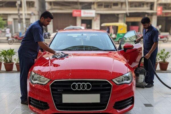 Professional Audi A3 car cleaning and detailing in Karachi with technicians washing exterior and cleaning interior for a spotless finish.