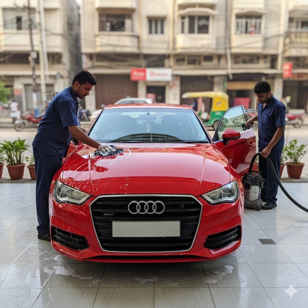 Professional Audi A3 car cleaning and detailing in Karachi with technicians washing exterior and cleaning interior for a spotless finish.
