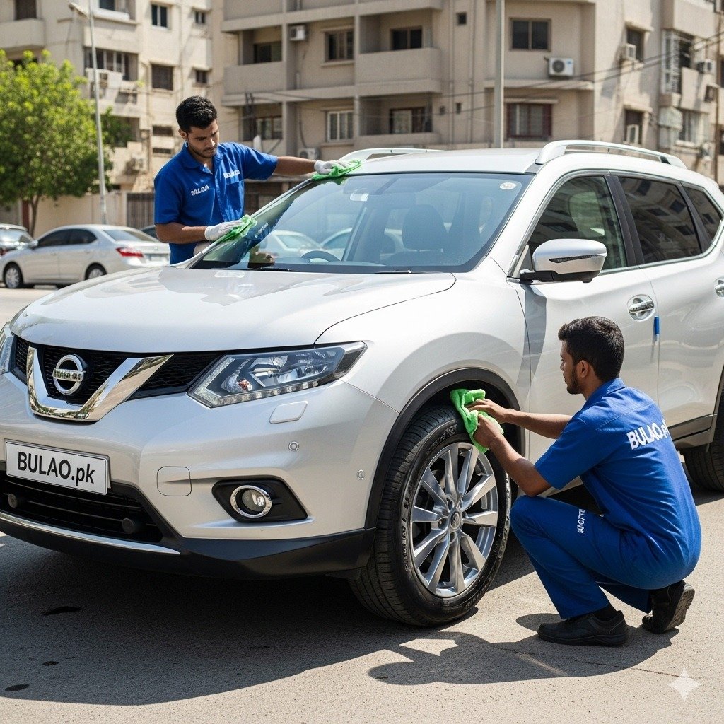 Hyper-realistic image of a silver Nissan X-Trail SUV being cleaned by two Bulao.pk technicians on a sunlit Karachi street. One technician polishes the hood and panels while the other cleans the wheels. The number plate is blank and no gates are visible.