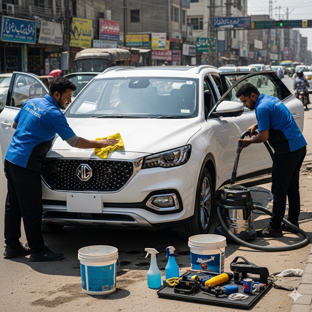 Two professional technicians detailing a white MG HS SUV on a Karachi roadside. One wipes the hood with a microfiber cloth while the other vacuums the interior. The number plate is hidden, and Karachi’s street background with shops and light traffic adds a realistic city vibe.