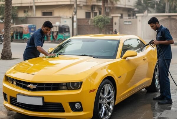 Chevrolet Camaro car cleaning and detailing service in Karachi, technicians washing and polishing the exterior for a glossy, showroom-quality finish.