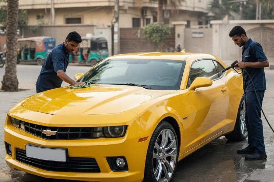 Chevrolet Camaro car cleaning and detailing service in Karachi, technicians washing and polishing the exterior for a glossy, showroom-quality finish.