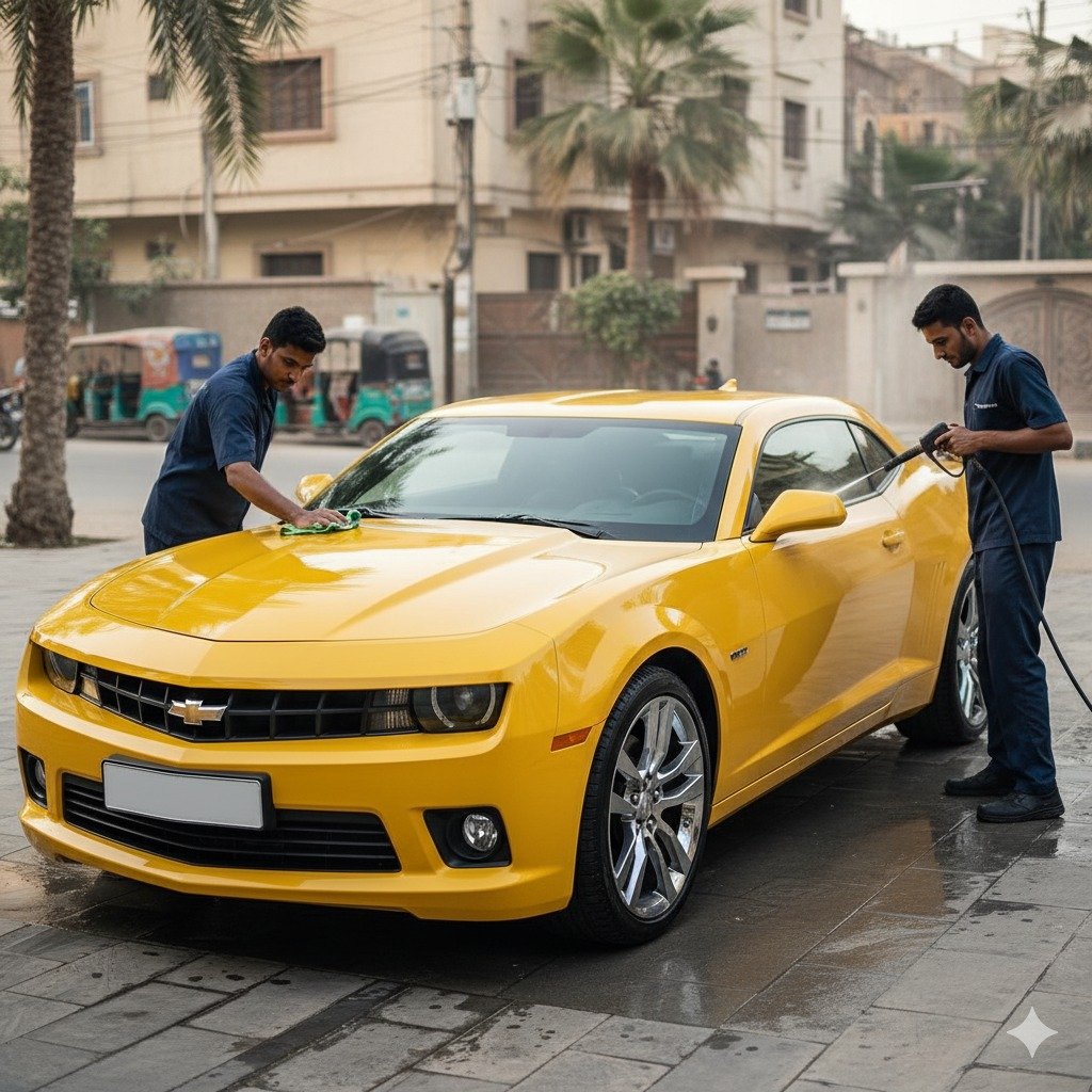 Chevrolet Camaro car cleaning and detailing service in Karachi, technicians washing and polishing the exterior for a glossy, showroom-quality finish.