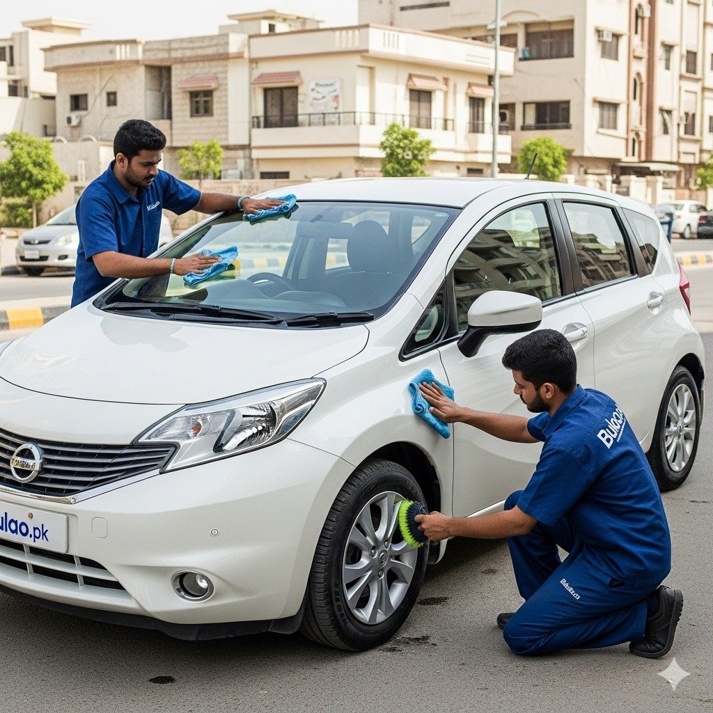Hyper-realistic image of a white Nissan Note compact hatchback being cleaned by two Bulao.pk technicians on a Karachi street. One polishes the hood and doors while the other cleans the wheels.