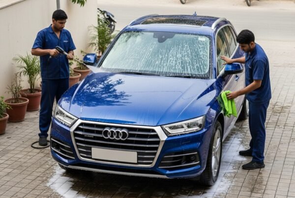 Professional car detailing of a shiny Audi Q5 SUV in Karachi, with two technicians in navy-blue uniforms performing exterior foam wash and drying, clean driveway and natural reflections on the paint.