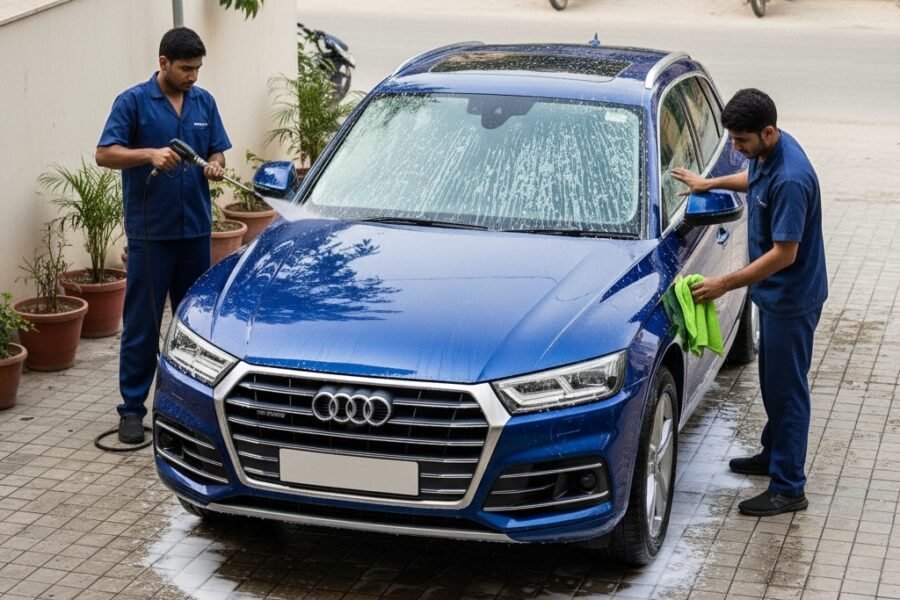 Professional car detailing of a shiny Audi Q5 SUV in Karachi, with two technicians in navy-blue uniforms performing exterior foam wash and drying, clean driveway and natural reflections on the paint.