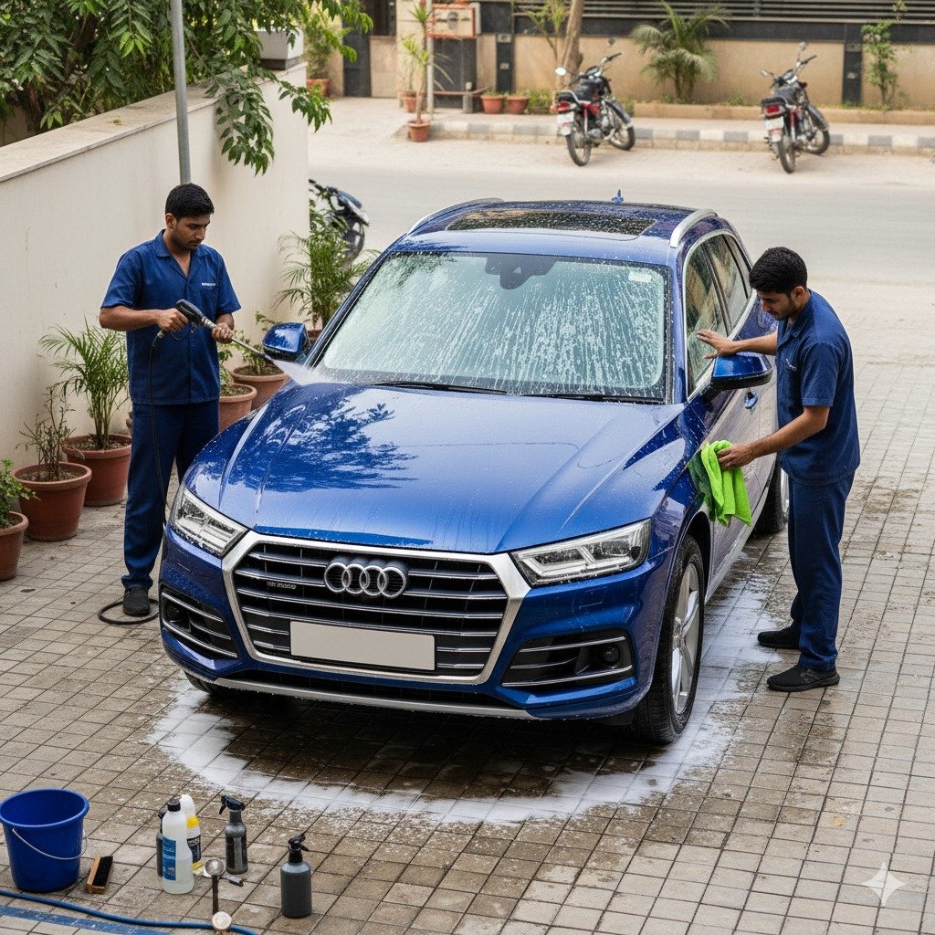 Professional car detailing of a shiny Audi Q5 SUV in Karachi, with two technicians in navy-blue uniforms performing exterior foam wash and drying, clean driveway and natural reflections on the paint.