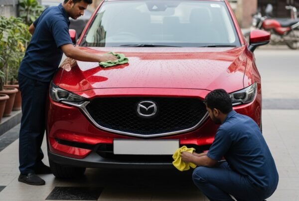 Professional Mazda CX-5 car cleaning and detailing service in Karachi with technicians polishing and cleaning the SUV exterior for a premium showroom finish.