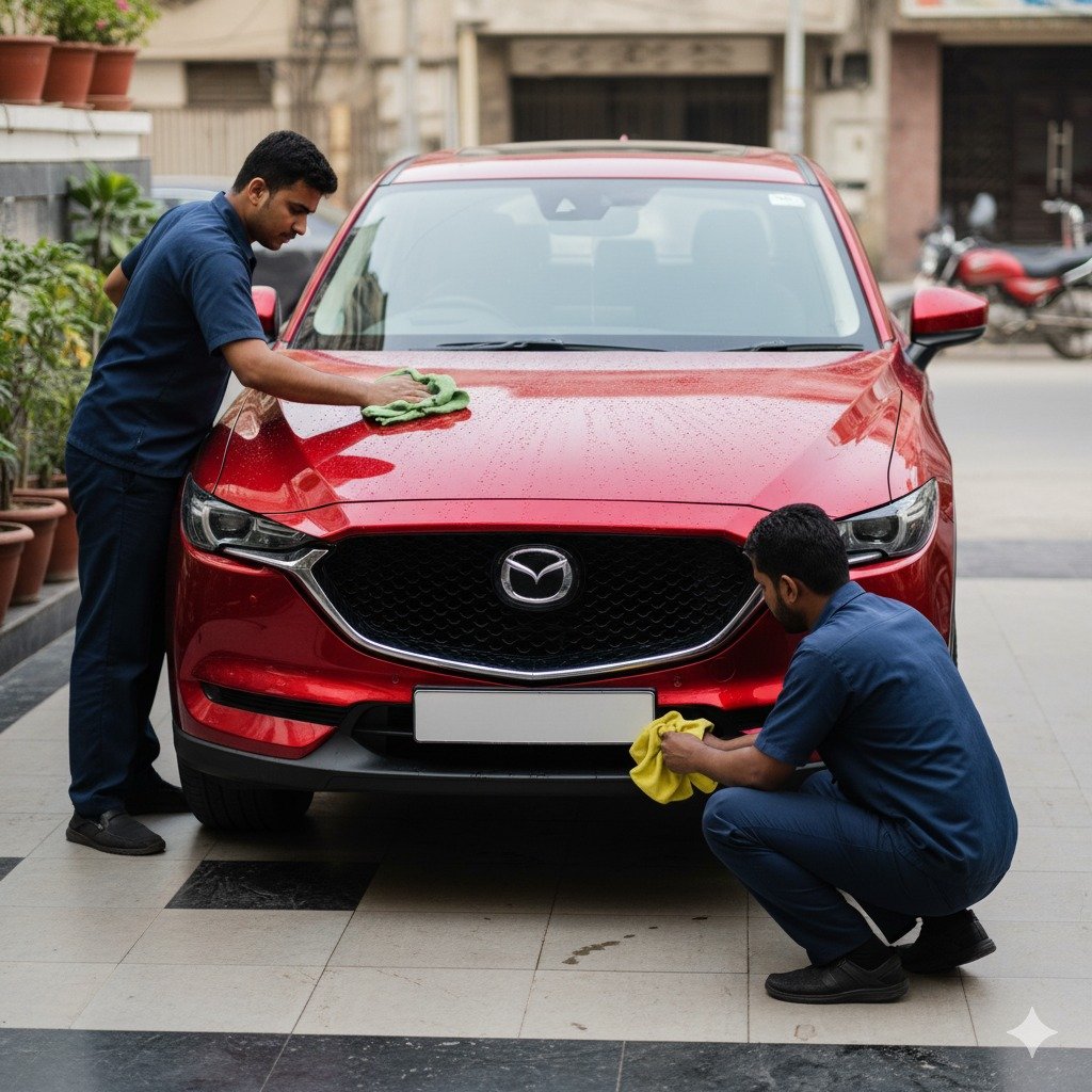 Professional Mazda CX-5 car cleaning and detailing service in Karachi with technicians polishing and cleaning the SUV exterior for a premium showroom finish.