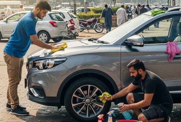 Two technicians cleaning MG ZS SUV on a Karachi street, one wiping car body with microfiber cloth, other cleaning wheels, natural daylight, realistic road background, parked vehicles, and city vibe