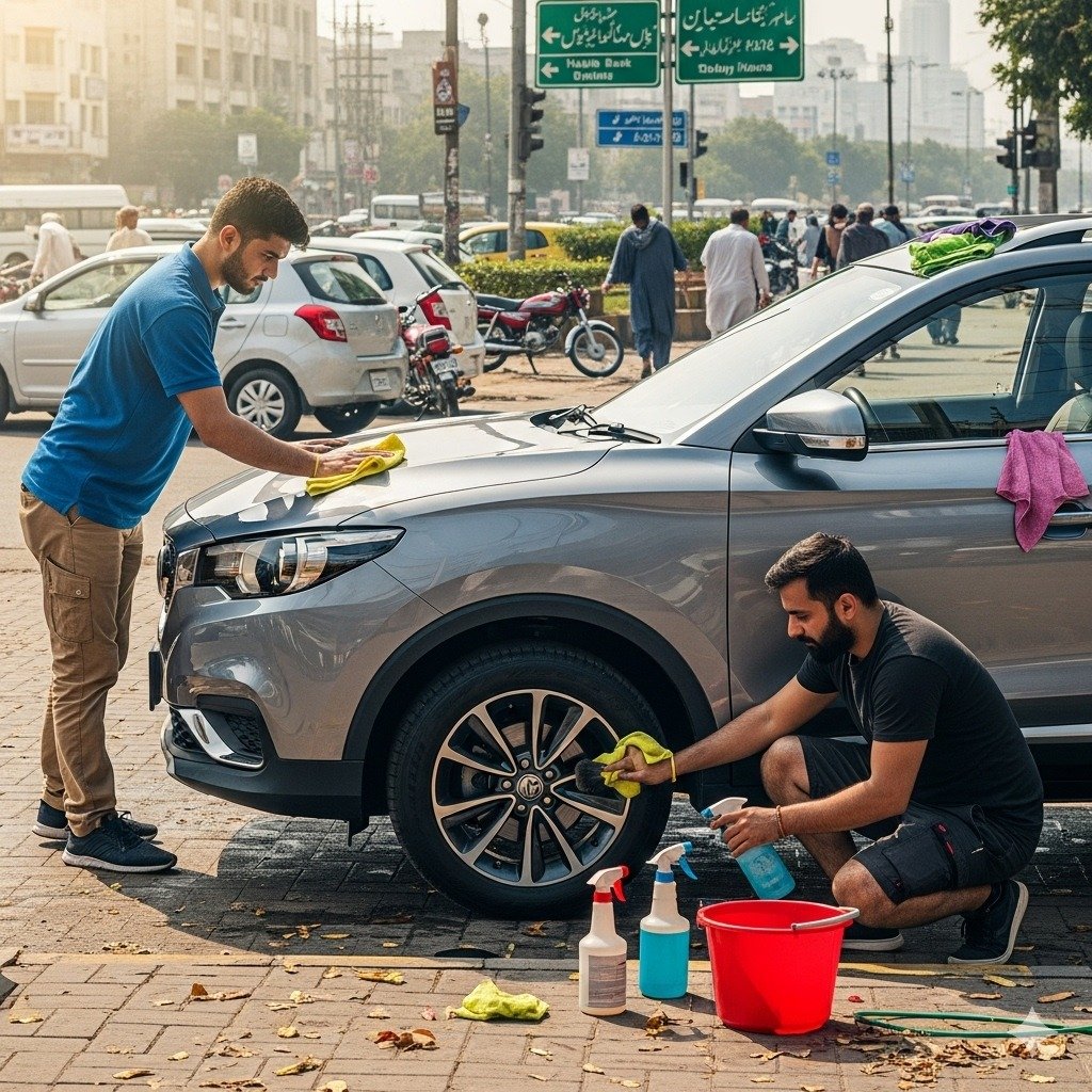 Two technicians cleaning MG ZS SUV on a Karachi street, one wiping car body with microfiber cloth, other cleaning wheels, natural daylight, realistic road background, parked vehicles, and city vibe