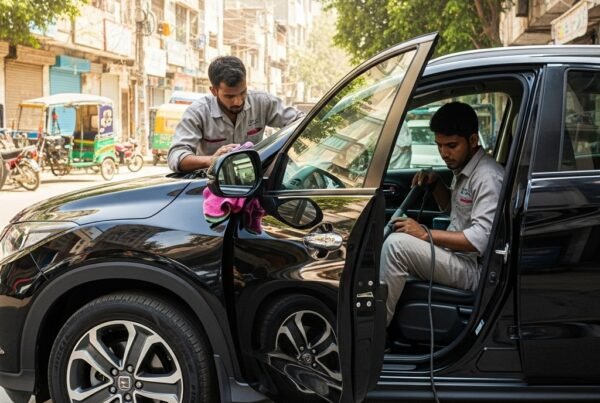 Honda HR-V SUV professionally detailed by two technicians on a Karachi street at Bulao.pk.
