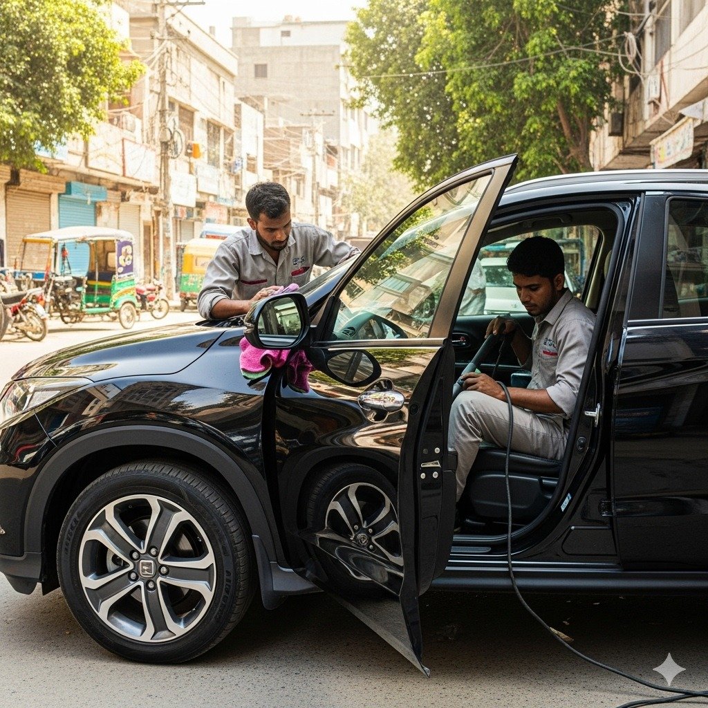 Honda HR-V SUV professionally detailed by two technicians on a Karachi street at Bulao.pk.