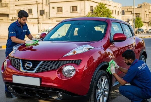 Hyper-realistic image of a red Nissan Juke compact SUV being cleaned by two Bulao.pk technicians on a sunlit Karachi street. One technician polishes the car’s hood and panels, while the other cleans the wheels. The number plate is blank and no gates are visible.