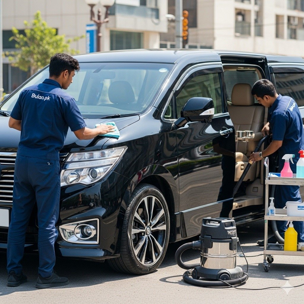 Hyper-realistic image of a black Nissan Elgrand luxury MPV being detailed by Bulao.pk technicians in navy-blue uniforms on a sunlit Karachi street. One technician polishes the exterior and wheels, while another vacuums and sanitizes the interior with leather seats and dashboard.