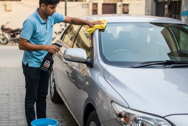 Person cleaning a car window with microfiber cloth and car glass cleaner on a Corolla in a Karachi driveway, showing streak-free reflections and professional, DIY car window cleaning setup