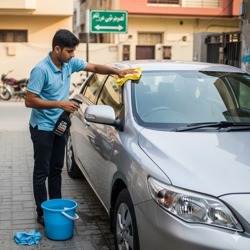 Person cleaning a car window with microfiber cloth and car glass cleaner on a Corolla in a Karachi driveway, showing streak-free reflections and professional, DIY car window cleaning setup