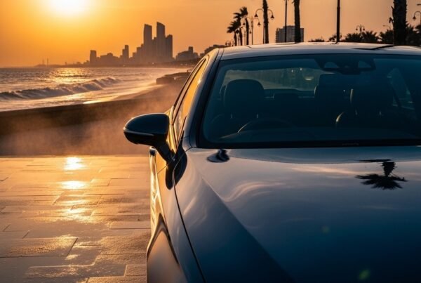 Shiny car parked near Karachi Sea View at sunset, freshly washed with a glossy finish, reflecting the ocean and skyline, symbolizing rust protection and car care services by Bulao.pk.