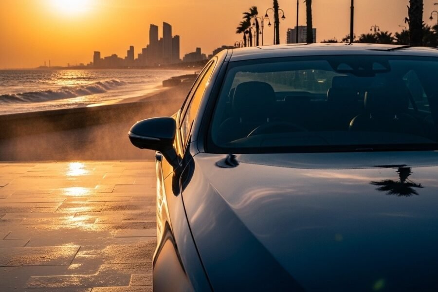 Shiny car parked near Karachi Sea View at sunset, freshly washed with a glossy finish, reflecting the ocean and skyline, symbolizing rust protection and car care services by Bulao.pk.