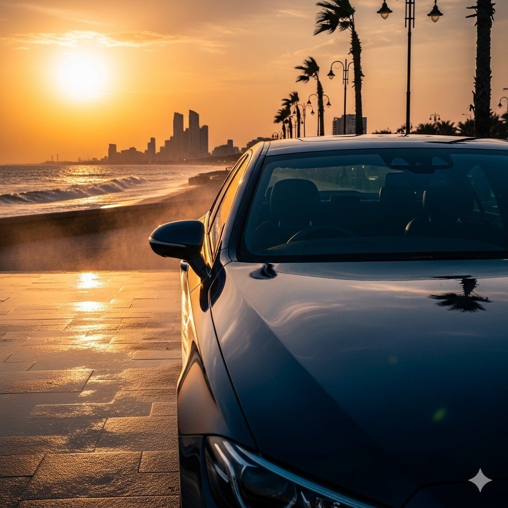 Shiny car parked near Karachi Sea View at sunset, freshly washed with a glossy finish, reflecting the ocean and skyline, symbolizing rust protection and car care services by Bulao.pk.