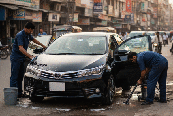 Toyota Corolla sedan receiving professional car detailing service in Pakistan with technicians cleaning exterior and interior for a like-new finish.