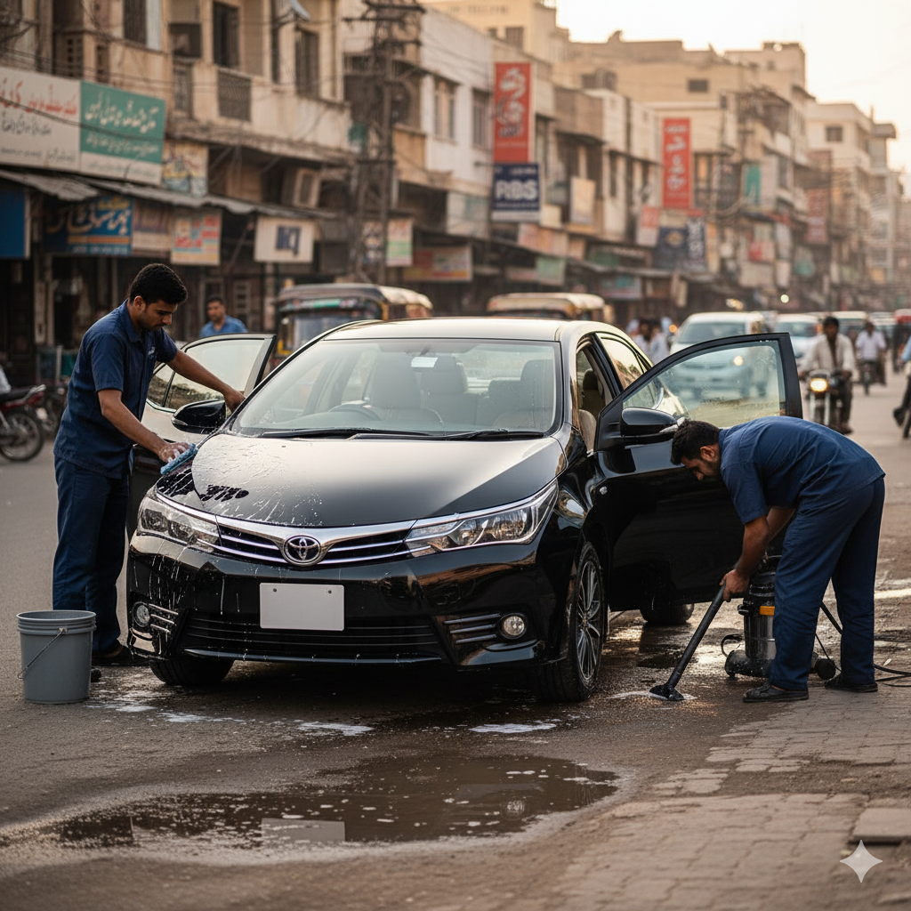 Toyota Corolla sedan receiving professional car detailing service in Pakistan with technicians cleaning exterior and interior for a like-new finish.