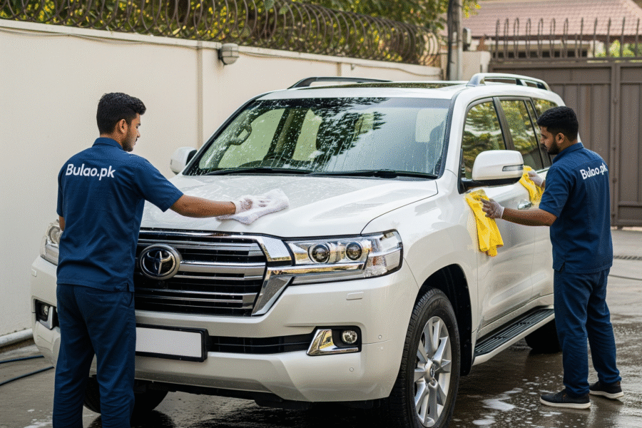oyota Land Cruiser 300 Series receiving professional exterior detailing and washing service in Karachi by Bulao.pk technicians