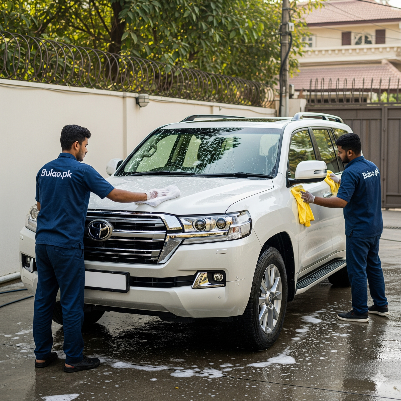 oyota Land Cruiser 300 Series receiving professional exterior detailing and washing service in Karachi by Bulao.pk technicians