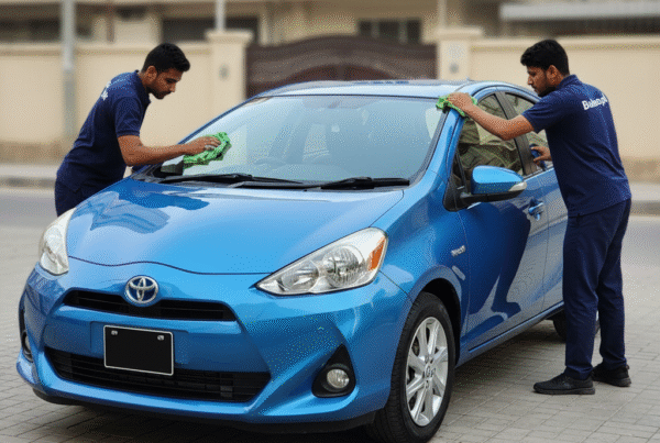 Toyota Aqua 2018 receiving professional exterior detailing and polishing in Karachi by Bulao.pk team, showcasing a glossy, well-maintained hybrid car.