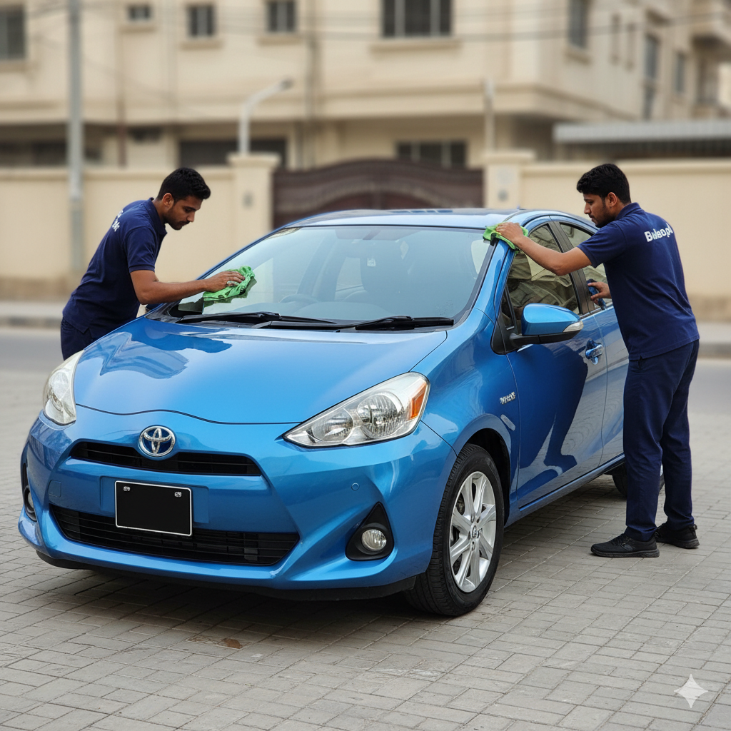 Toyota Aqua 2018 receiving professional exterior detailing and polishing in Karachi by Bulao.pk team, showcasing a glossy, well-maintained hybrid car.