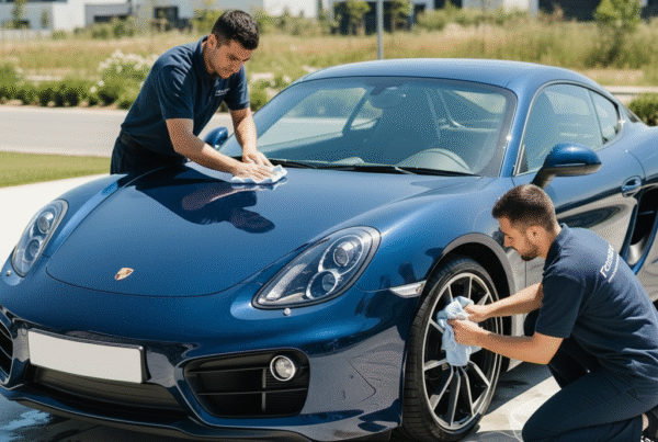 Porsche Cayman sports car cleaning and detailing service in Karachi with technicians polishing the exterior and wheels for a sleek, showroom finish.