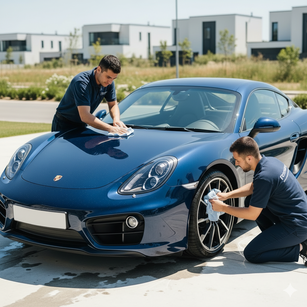 Porsche Cayman sports car cleaning and detailing service in Karachi with technicians polishing the exterior and wheels for a sleek, showroom finish.