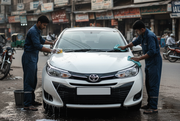 "Toyota Yaris sedan receiving full car detailing service in Pakistan with technicians cleaning exterior surfaces for a showroom-like finish