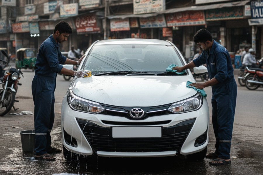 "Toyota Yaris sedan receiving full car detailing service in Pakistan with technicians cleaning exterior surfaces for a showroom-like finish