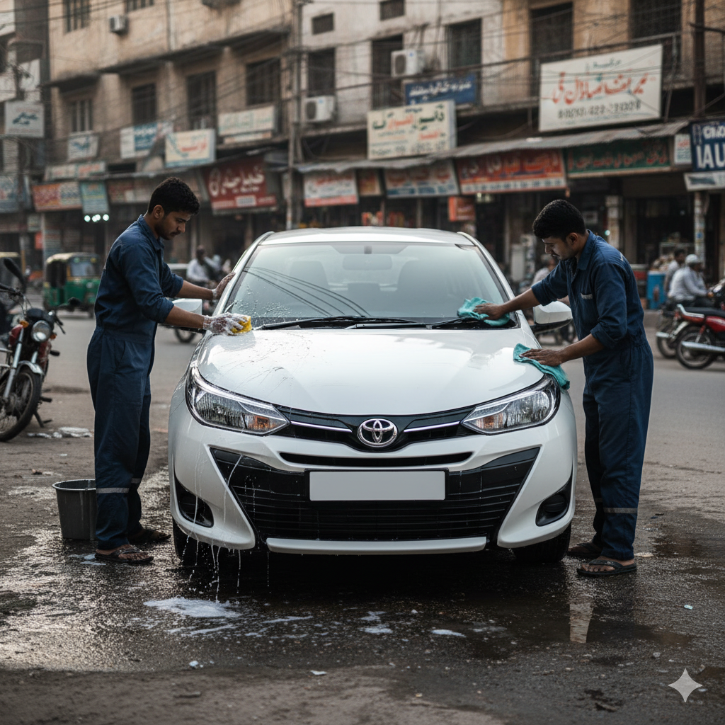 "Toyota Yaris sedan receiving full car detailing service in Pakistan with technicians cleaning exterior surfaces for a showroom-like finish