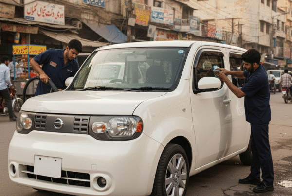 Nissan Cube professional car cleaning and detailing service in Karachi with technicians polishing and vacuuming for a fresh, spotless look