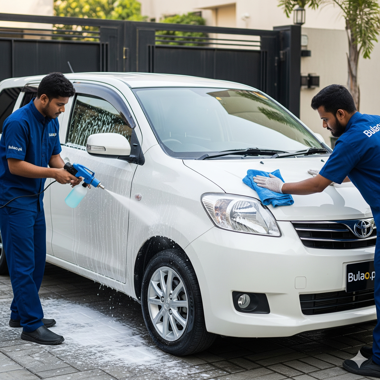 Toyota Pixis Epoch receiving foam wash and polish in Karachi for a spotless, shiny finish