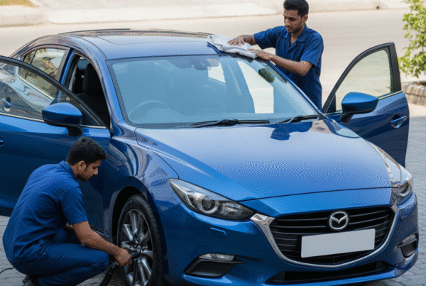 Professional Mazda Axela (Mazda3) car cleaning and detailing in Karachi with technicians polishing and cleaning the sedan for a fresh, glossy look.
