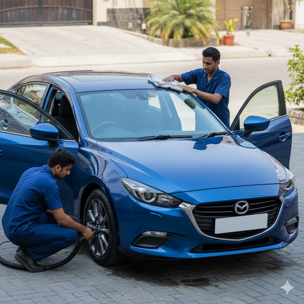 Professional Mazda Axela (Mazda3) car cleaning and detailing in Karachi with technicians polishing and cleaning the sedan for a fresh, glossy look.