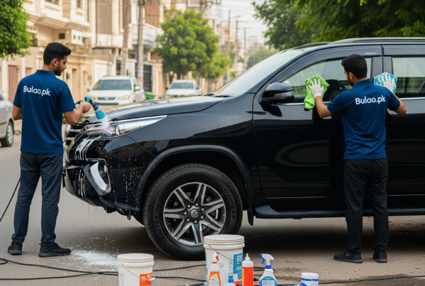 Professional Toyota Fortuner detailing in Karachi โ Bulao.pk technicians in navy blue uniforms cleaning and polishing the SUV exterior for a showroom-quality finish