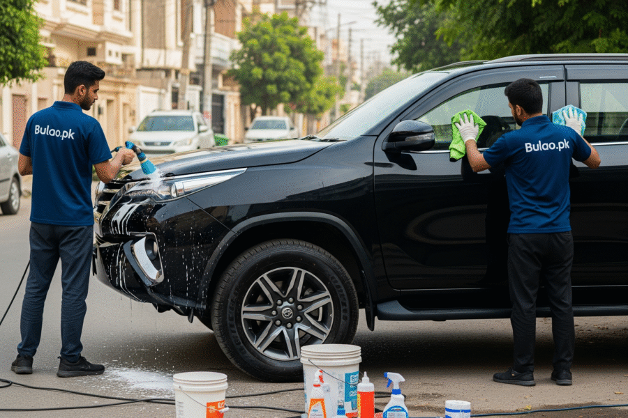 Professional Toyota Fortuner detailing in Karachi – Bulao.pk technicians in navy blue uniforms cleaning and polishing the SUV exterior for a showroom-quality finish