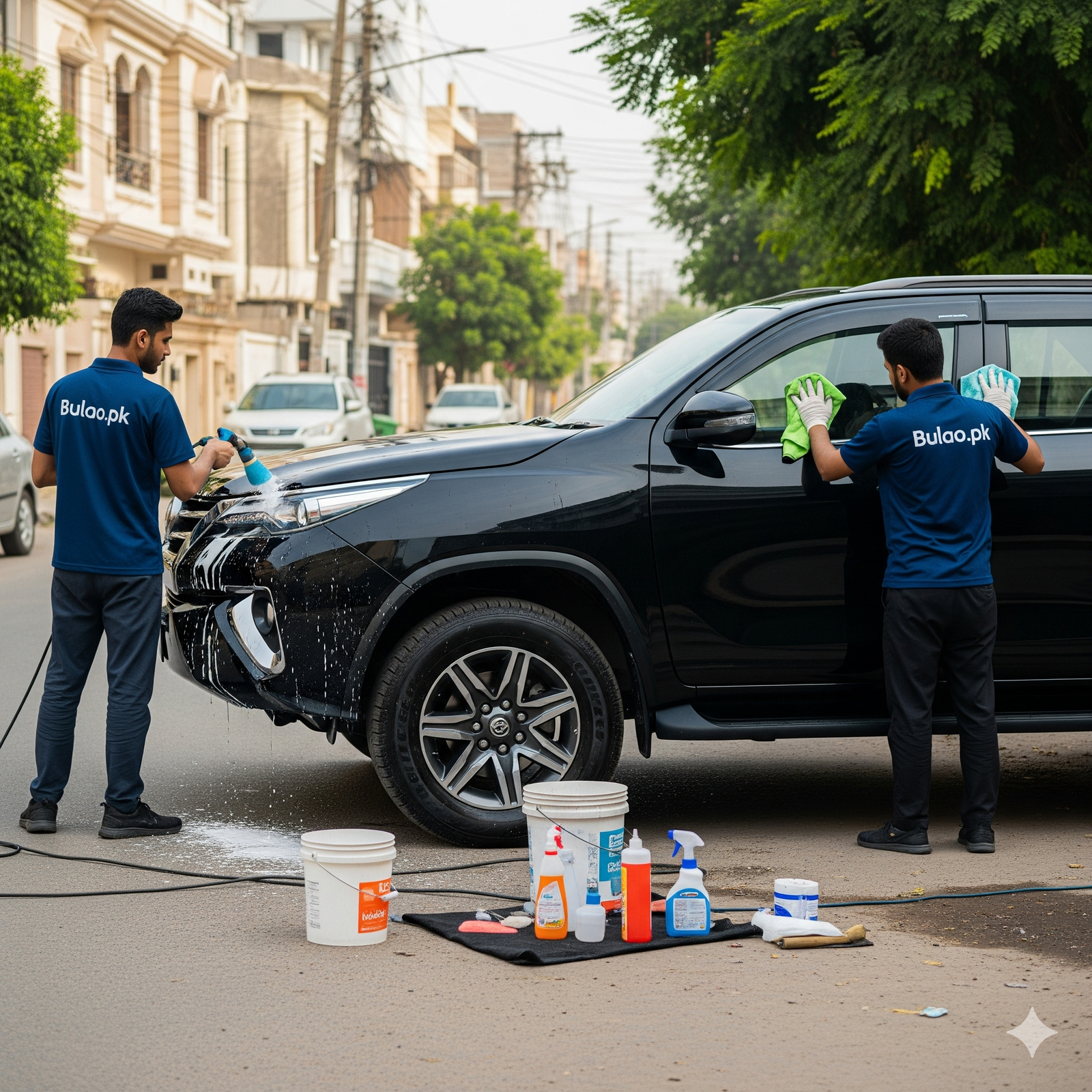 Professional Toyota Fortuner detailing in Karachi – Bulao.pk technicians in navy blue uniforms cleaning and polishing the SUV exterior for a showroom-quality finish