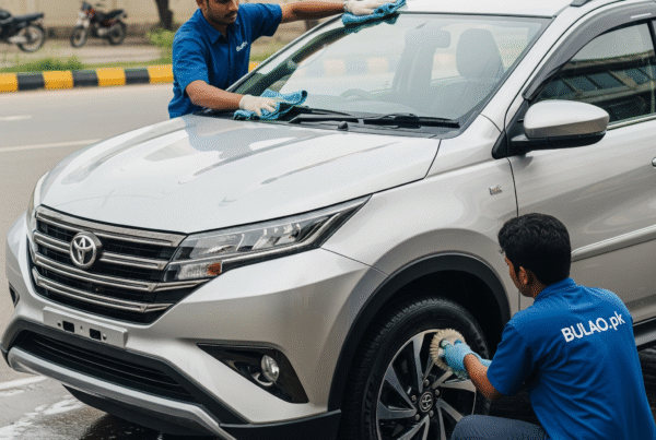 Toyota C-HR Hybrid receiving professional exterior detailing and ceramic coating in Karachi, with Bulao.pk experts polishing and protecting the paint.