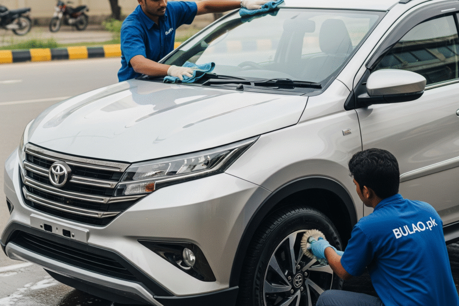 Toyota Rush getting professional exterior detailing in Karachi, with Bulao.pk technicians polishing the hood and cleaning the wheels for a premium finish.