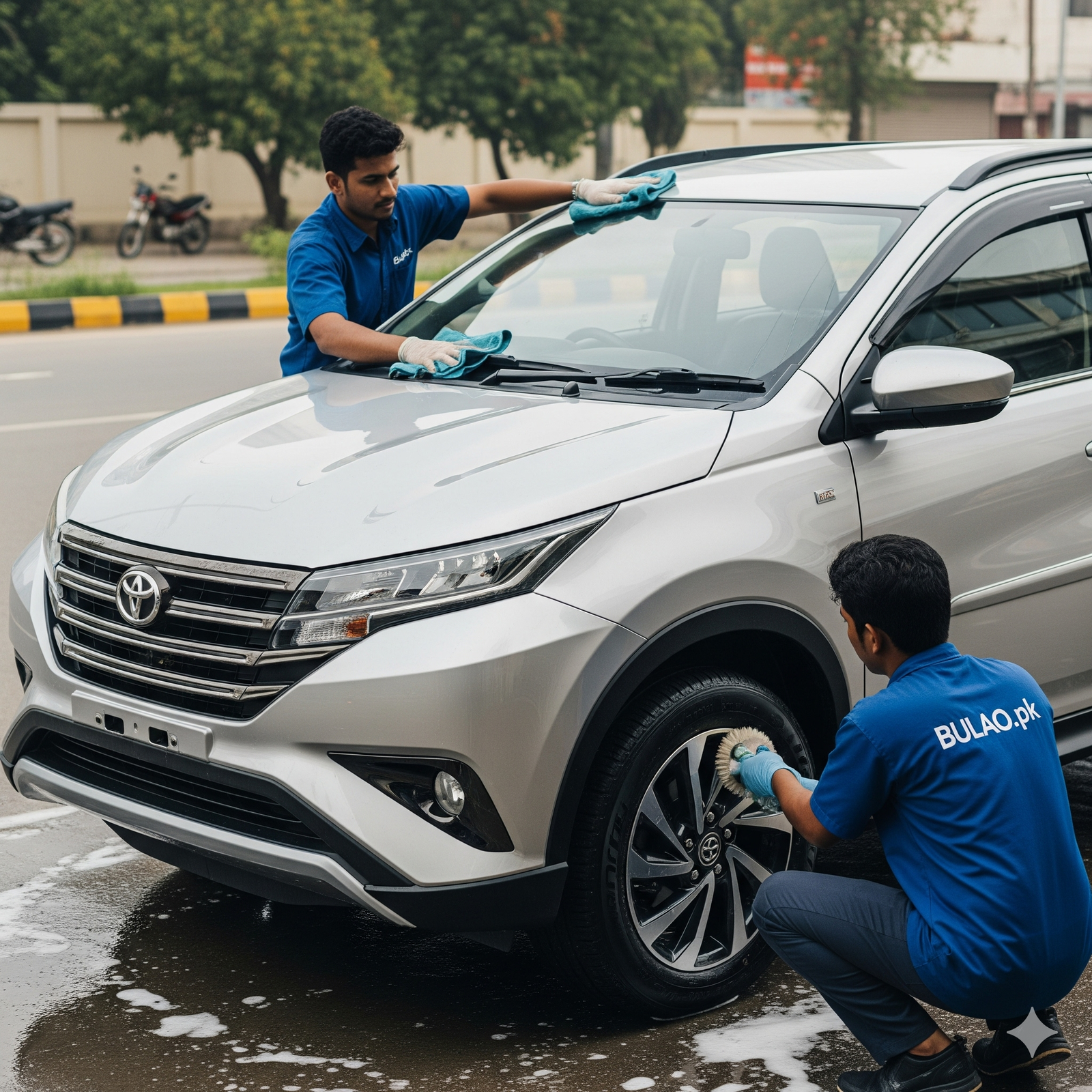 Toyota Rush getting professional exterior detailing in Karachi, with Bulao.pk technicians polishing the hood and cleaning the wheels for a premium finish.