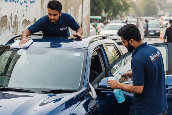 KIA Stonic SUV being professionally detailed by two Bulao.pk technicians on a Karachi street